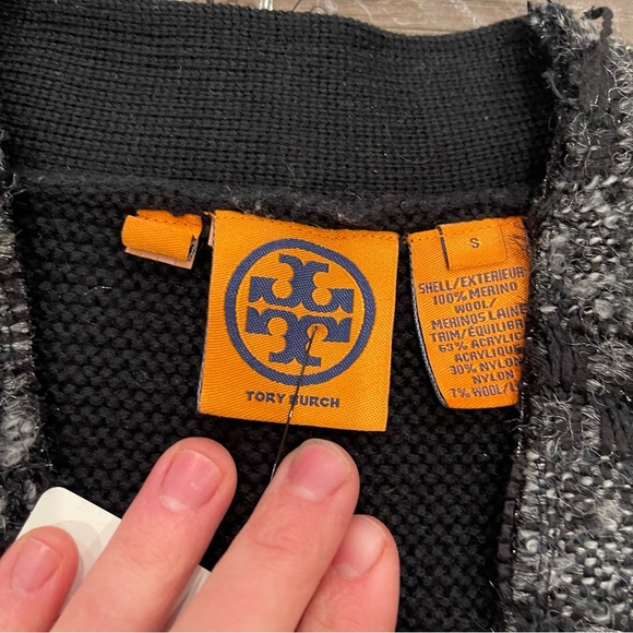 Tory Burch Black Cardigan Sweater with V-neck and Floral Trim - Picture 4 of 14